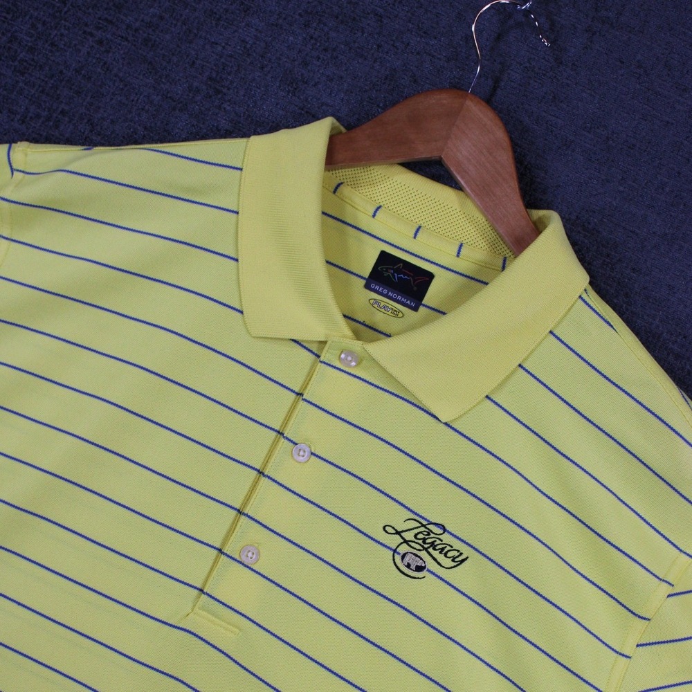 Greg Norman Play Dry Mens Polo Shirt Yellow Blue Striped Legacy Bear Logo 0994